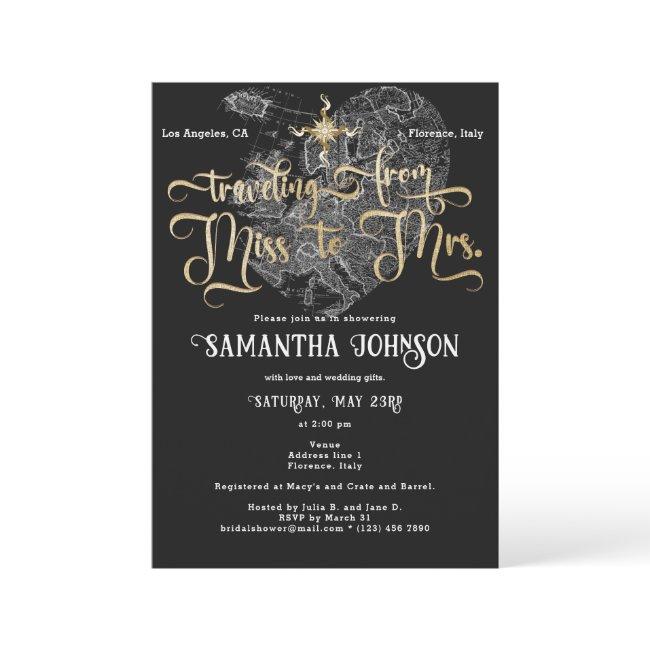 Miss To Mrs Black ♥ Heart Map Travel Bridal Shower Invitation