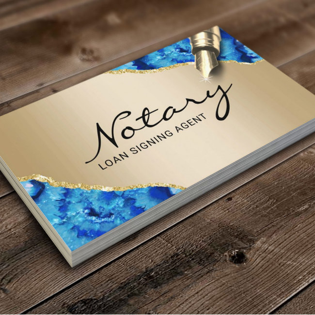 Mobile Notary Signing Agent Modern Gold Blue Agate Business Invitations