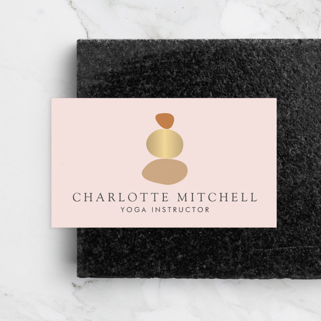 Modern Abstract Zen Stones Gold And Pink Logo Yoga Business Invitations