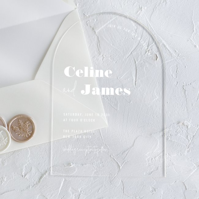 Modern Arch Custom White Overlay Clear Wedding Acrylic Invitations