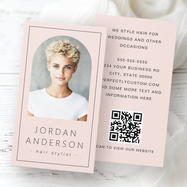Modern Arch Photo Thin Border Qr Code Light Pink Business Invitations