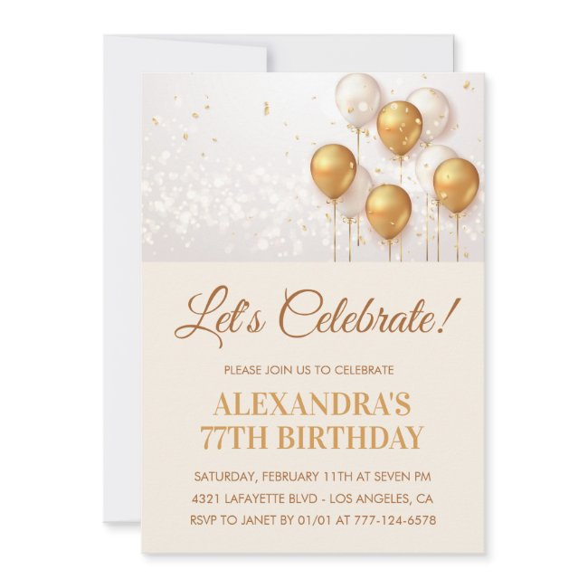 Modern Balloons Gold White 77th Birthday Invitation
