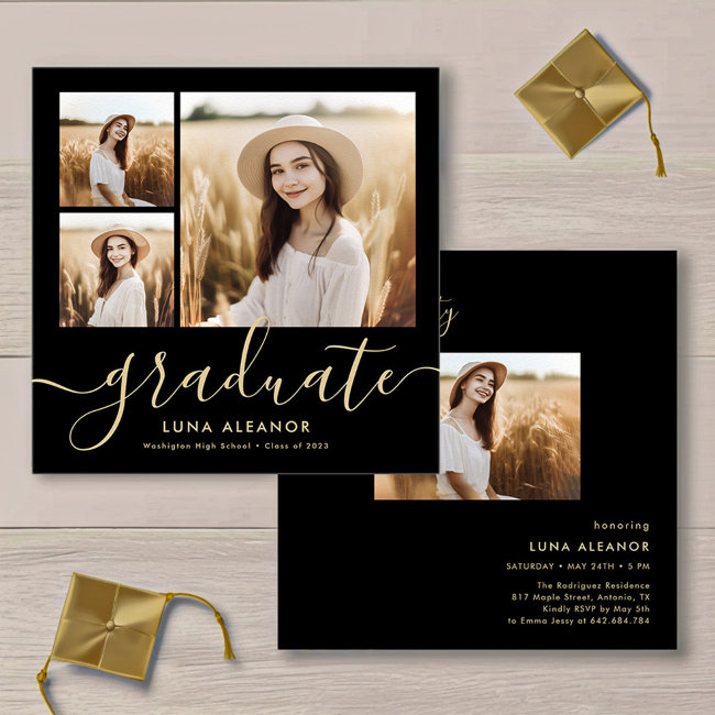 Modern Black And Gold 4 Photo Graduation Party Invitation