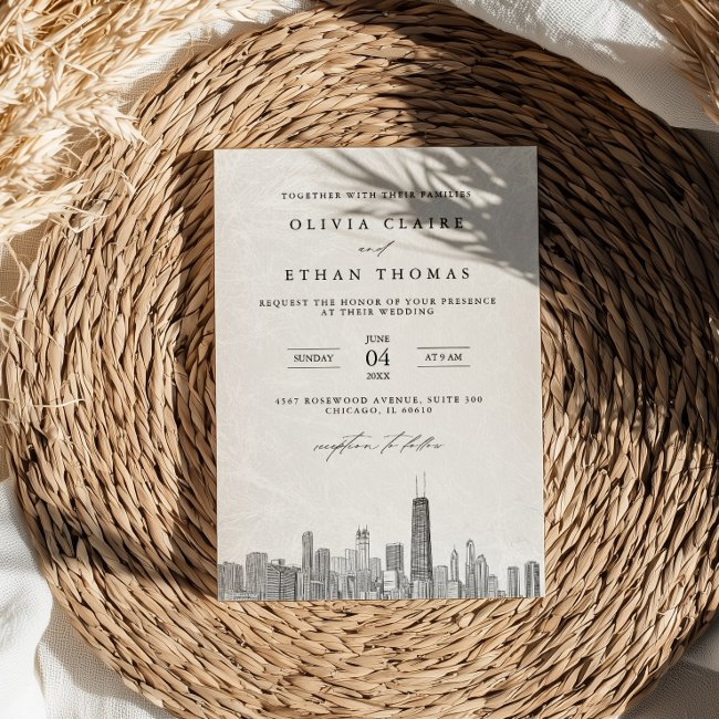 Modern Black And White Chicago Skyline Wedding Invitation