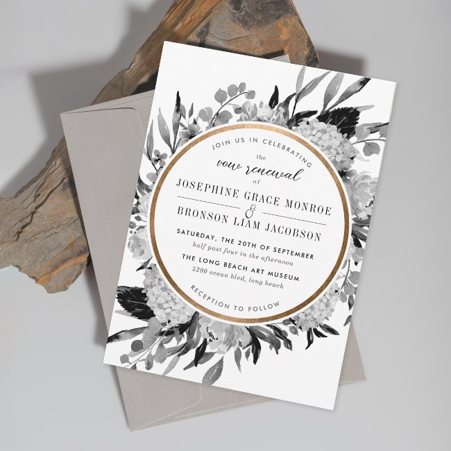 Modern Black And White Floral Vow Renewal Invitation
