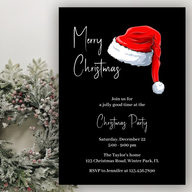 Modern Black And White Santa Hat Christmas Party Invitation