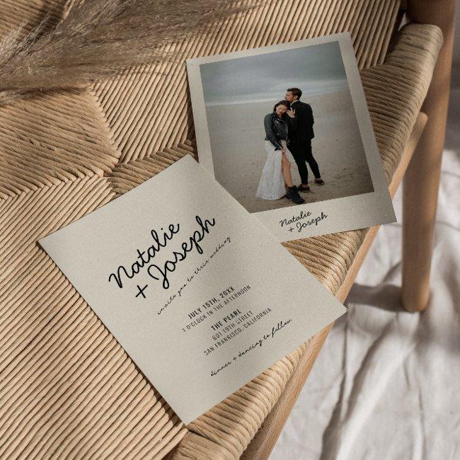 Modern Black Cream Retro Whimsical Photo Wedding Invitation