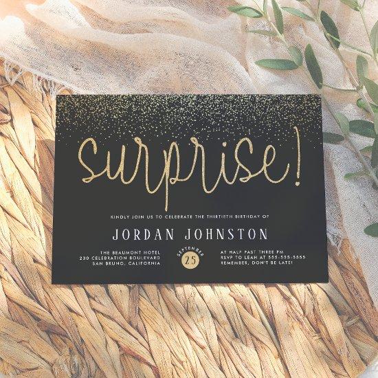 Modern Black & Gold Script Surprise Birthday Party Invitation