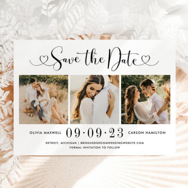 Modern Black Heart Script 3 Photo Wedding Collage Save The Date