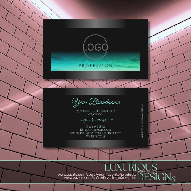 Modern Black Luminous Teal Patterned And Logo Business Invitations