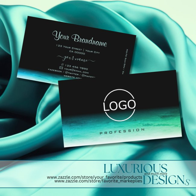 Modern Black Teal Green Ombre Pattern With Logo Business Invitations