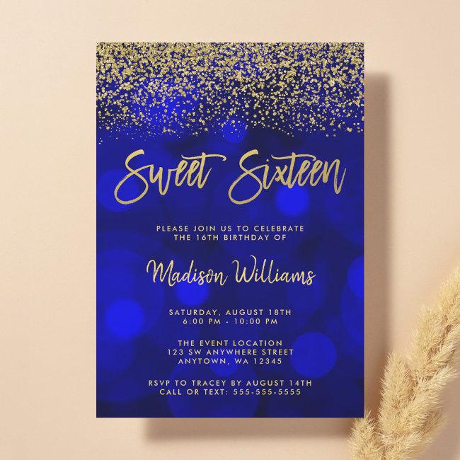 Modern Blue Bokeh Gold Glitter Sweet 16 Invitation