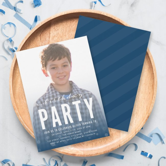 Modern Blue Confetti Any Age Photo Birthday Party Invitation