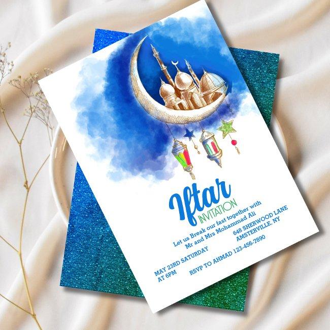 Modern Blue Crescent Iftar Party Invitation