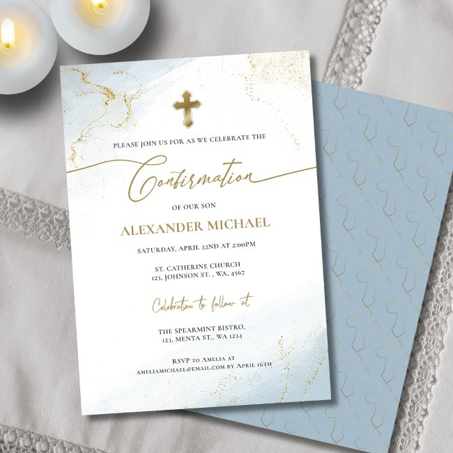 Modern Blue Gold Cross Boy Confirmation Invitation
