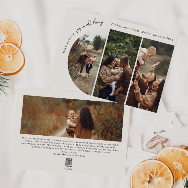 Modern Boho Arch Beige Joy In All Things 4 Photo Holiday Invitations