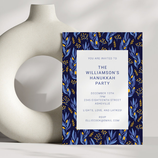 Modern Boho Blue And Yellow Hanukkah Party Invitation