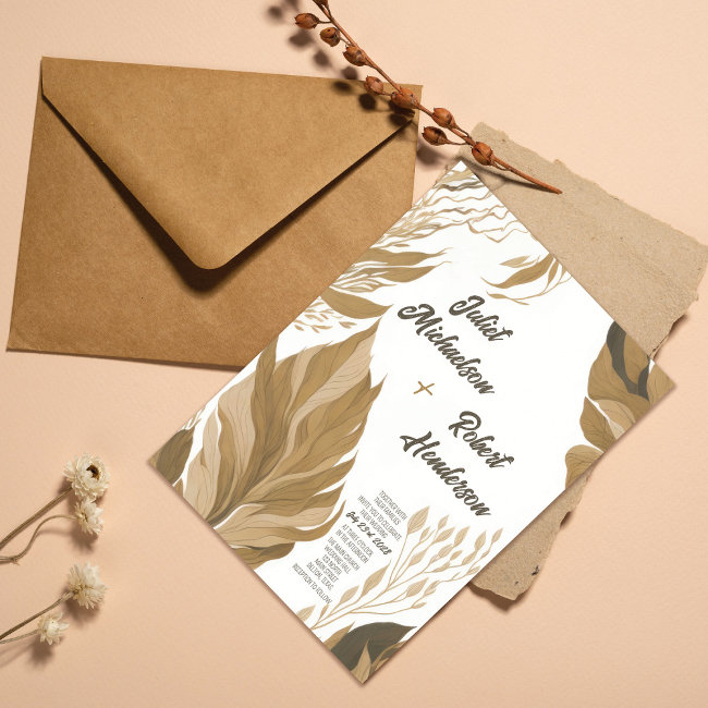 Modern Boho Earth Tone Foliage Wedding Invitation