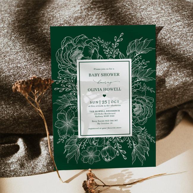 Modern Boho Emerald Floral Bouquet Baby Shower Invitation