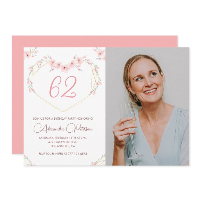 Modern Boho Floral Photo 62nd Birthday Invitation