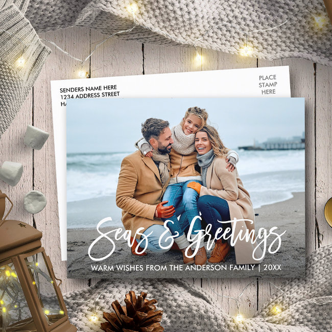 Modern Brush Script Seas And Greetings Holiday Postinvitations