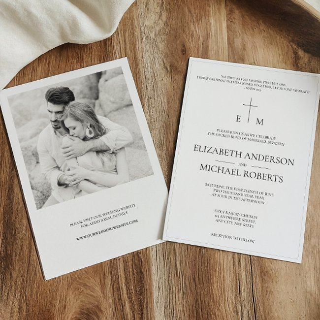 Modern Catholic Photo B&w Cross Wedding Invitation