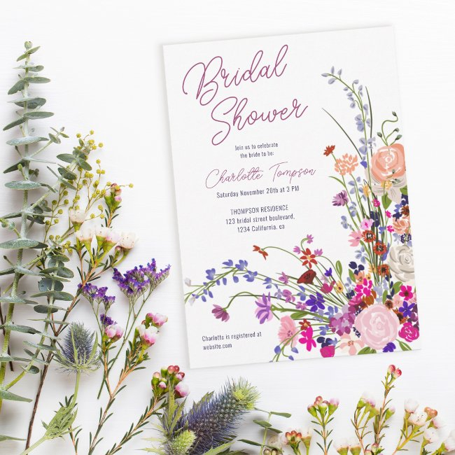 Modern Chic Wild Flowers Script Bridal Shower Invitation
