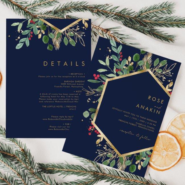 Modern Christmas Greenery | Navy All In One Invitation