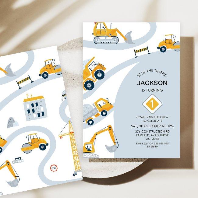 Modern Construction Stop The Traffic 1st Birthday Invitation