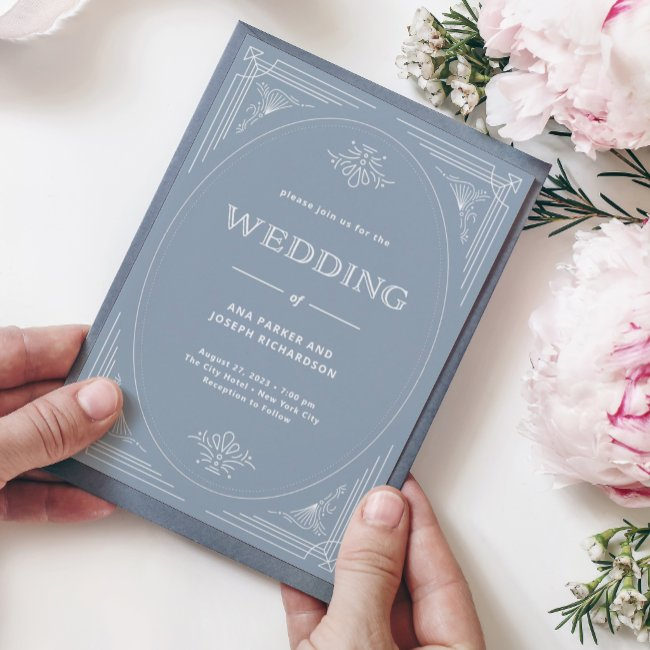 Modern Deco | Elegant Dusty Blue And White Wedding Invitation