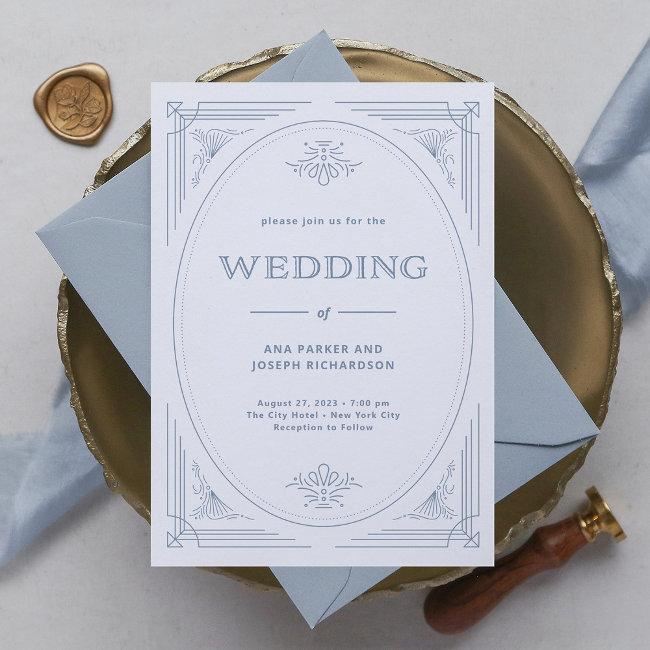 Modern Deco | Elegant White And Dusty Blue Wedding Invitation