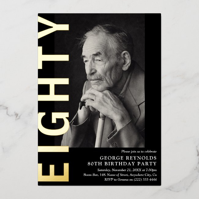 Modern Eighty Photo 80th Birthday Party Foil Invitation