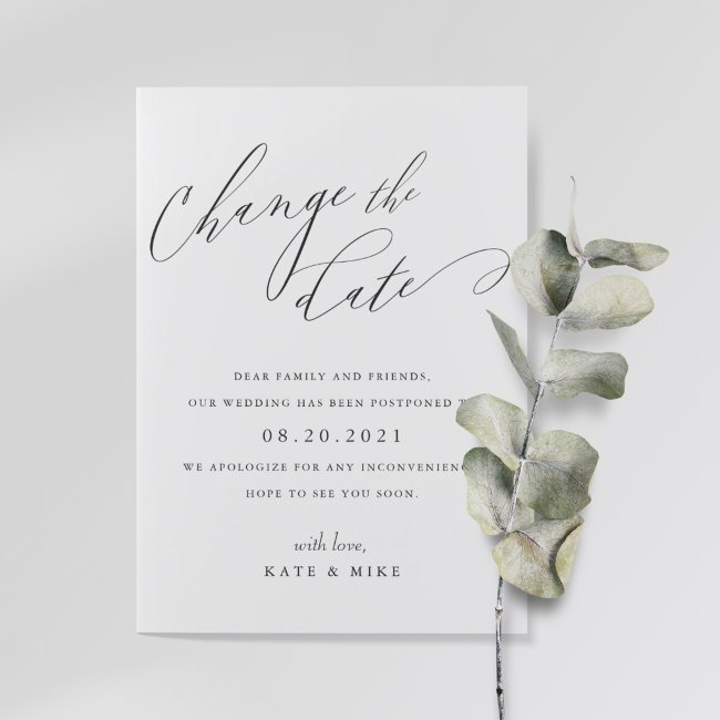 Modern Elegant Calligraphy Wedding Change The Date Invitation