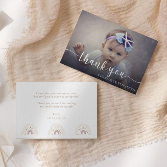Modern Elegant Script First Birthday Photo Thank You Invitations
