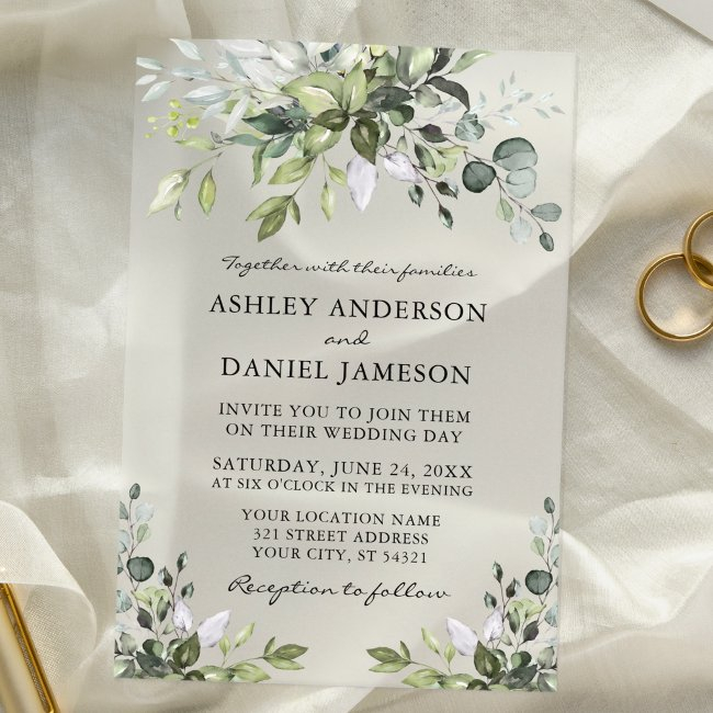 Modern Elegant Watercolor Greenery Wedding Acrylic Invitations
