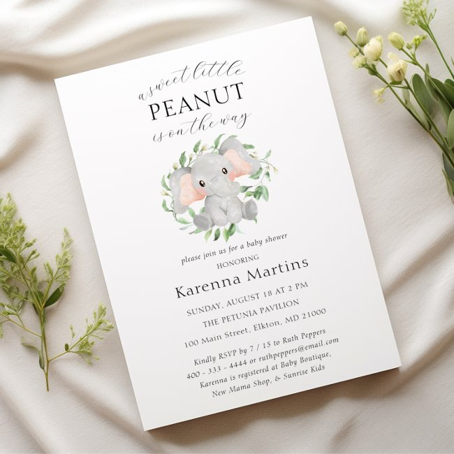 Modern Elephant Greenery Sweet Little Baby Shower Invitation