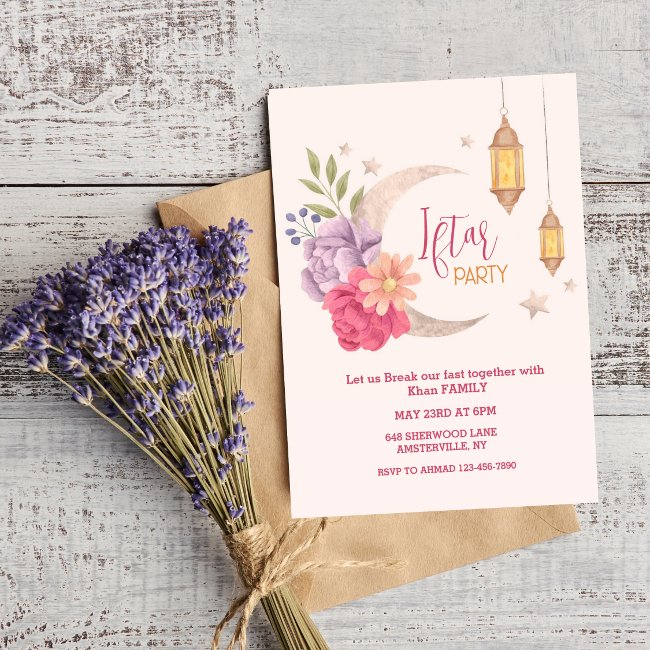 Modern Floral Crescent Iftar Party Invitation