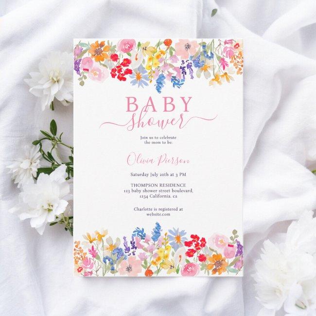 Modern Garden Wildflowers Script Baby Shower Invitation