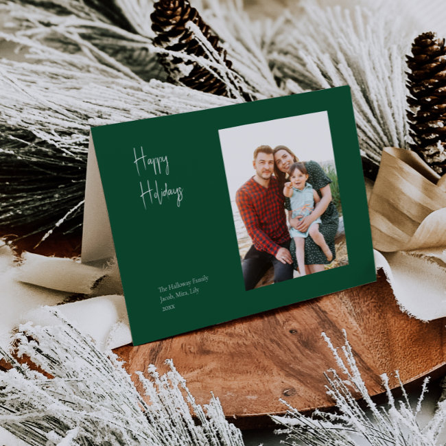 Modern Happy Holidays | Green Folded Single Photo Holiday Invitations