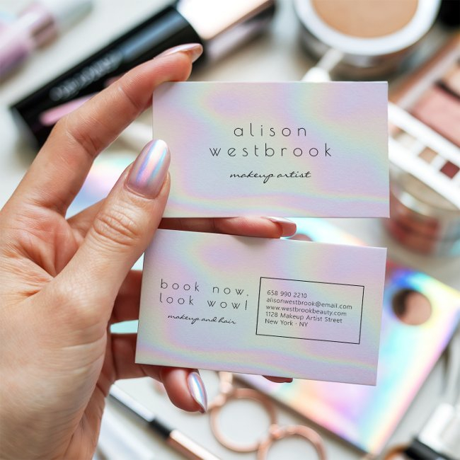 Modern Holographic Makeup Artist Pastel Rainbow Business Invitations