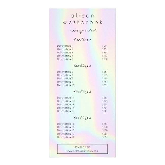 Modern Holographic Pastel Glam Salon Service Menu