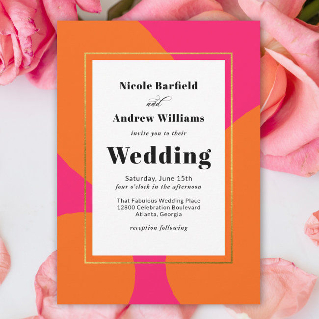 Modern Hot Pink And Orange Abstract Wedding Invitation