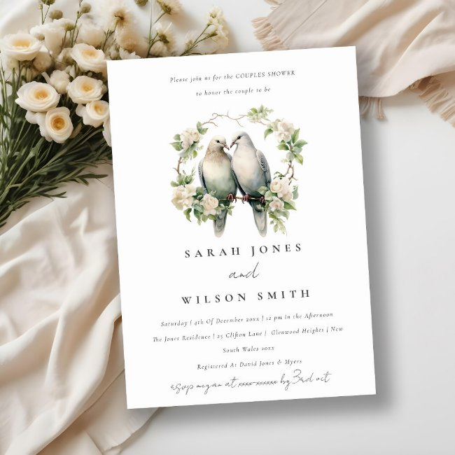 Modern Love Birds Botanical Wreath Couples Shower Invitation