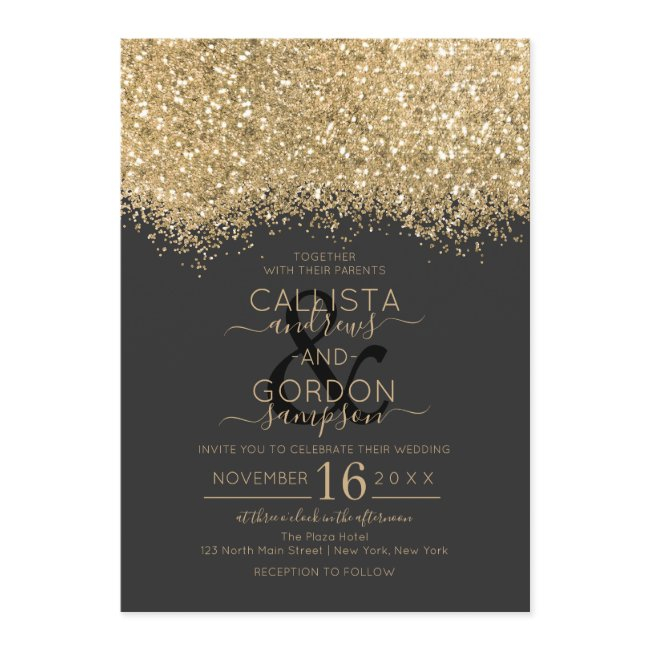 Modern Luxury Gold Black Glitter Confetti Wedding Invitation