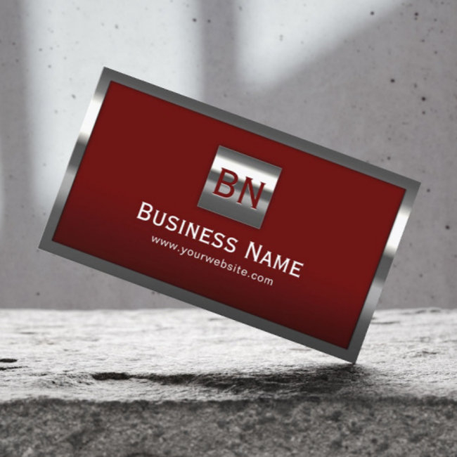 Modern Metal Framed Professional Monogram Red Business Invitations