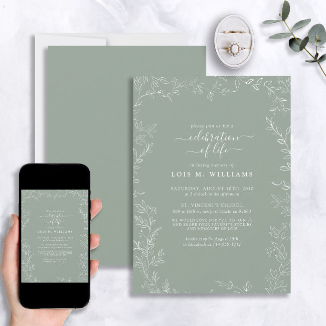 Modern Minimal Leaf Sage Green Celebration Of Life Invitation