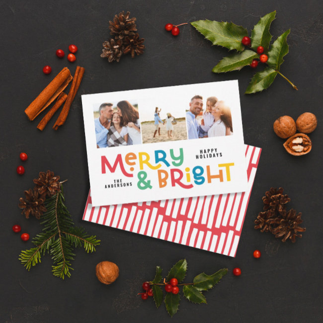 Modern Minimal Typography 3 Photo Christmas Fun Ho Holiday Invitations