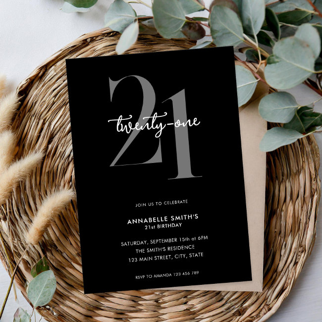 Modern Minimalist Black And White 21st Birthday Invitation