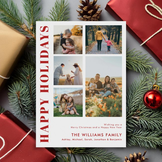 Modern Minimalist Family Photo Collage Holiday Invitations