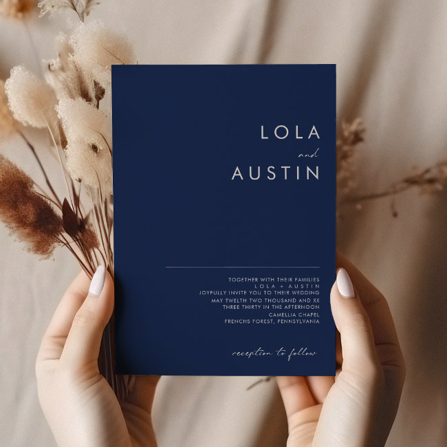 Modern Minimalist Navy Blue | Silver Wedding Invitation